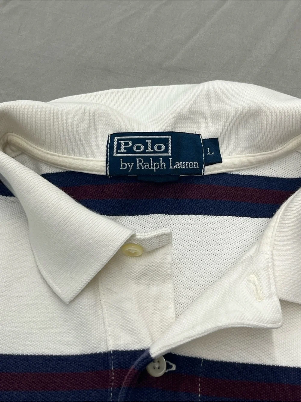 Ralph Lauren White Polo with Navy & Red Stripes Size Large